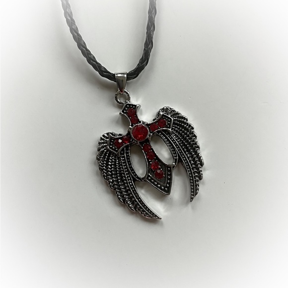 Angel Wings Cross Red Rhinestones Necklace. Religious Necklace Punk Gothic Style - Picture 2 of 5